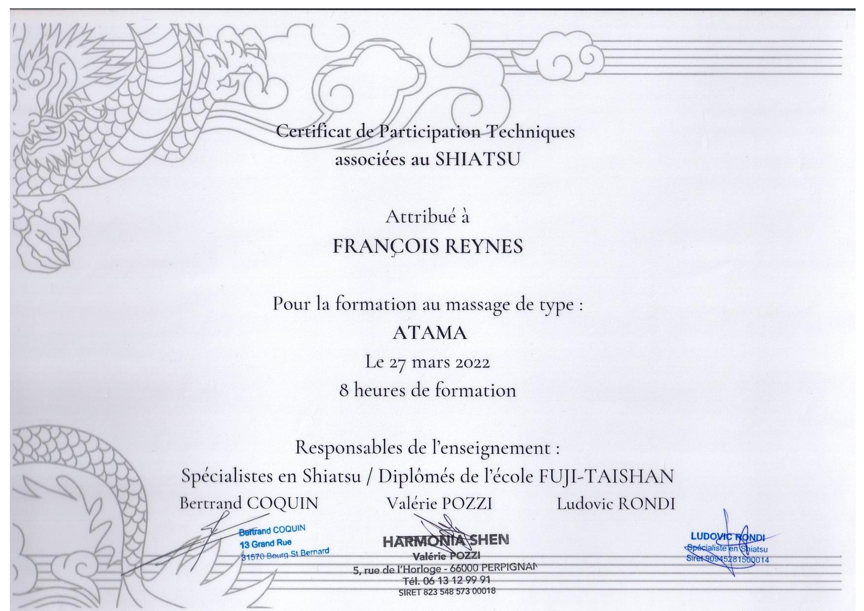 diplôme de pratiquant du massage style atama