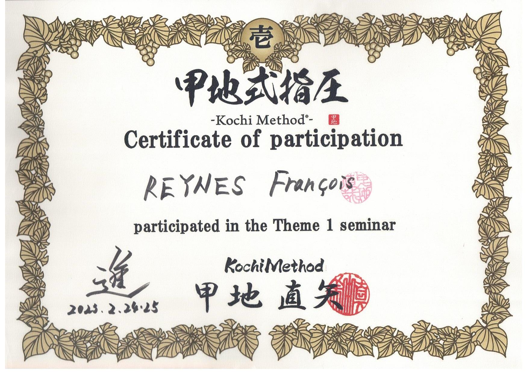 diplôme de pratiquant du massage méthode kochi première session