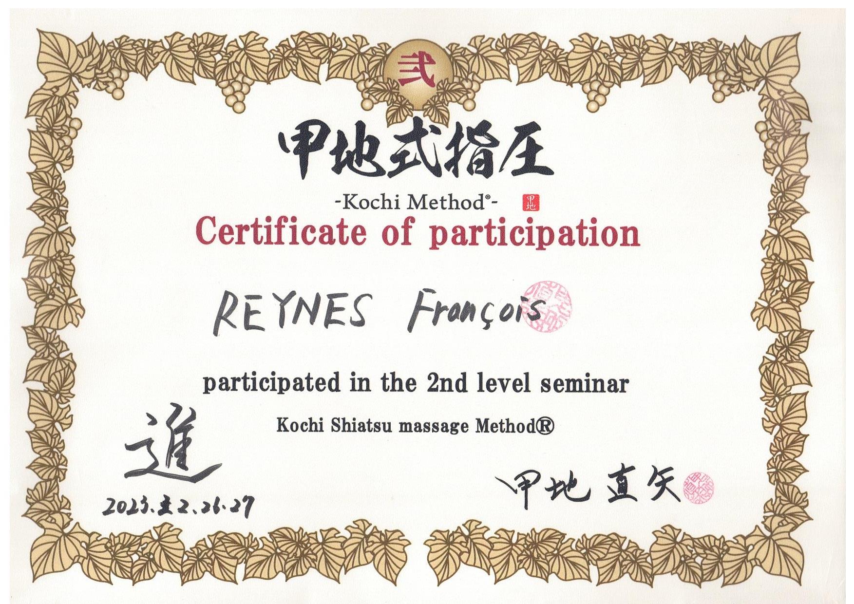 diplôme de pratiquant du massage méthode kochi seconde session