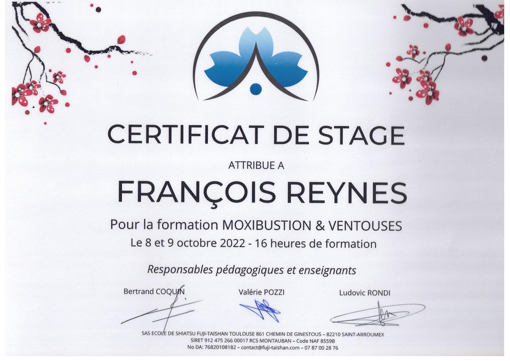 diplôme de pratiquant du massage style moxibustion et ventouses