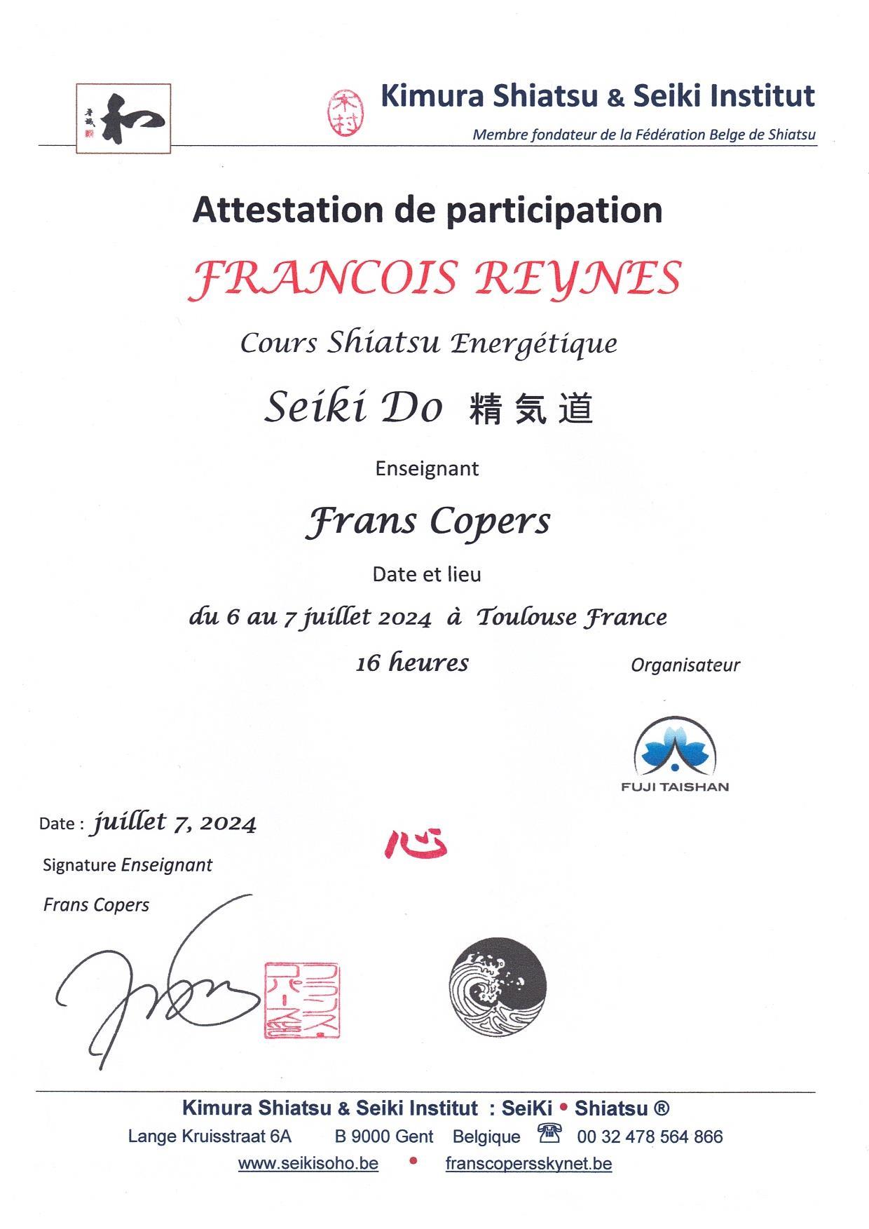diplôme de pratiquant du massage style seiki-do