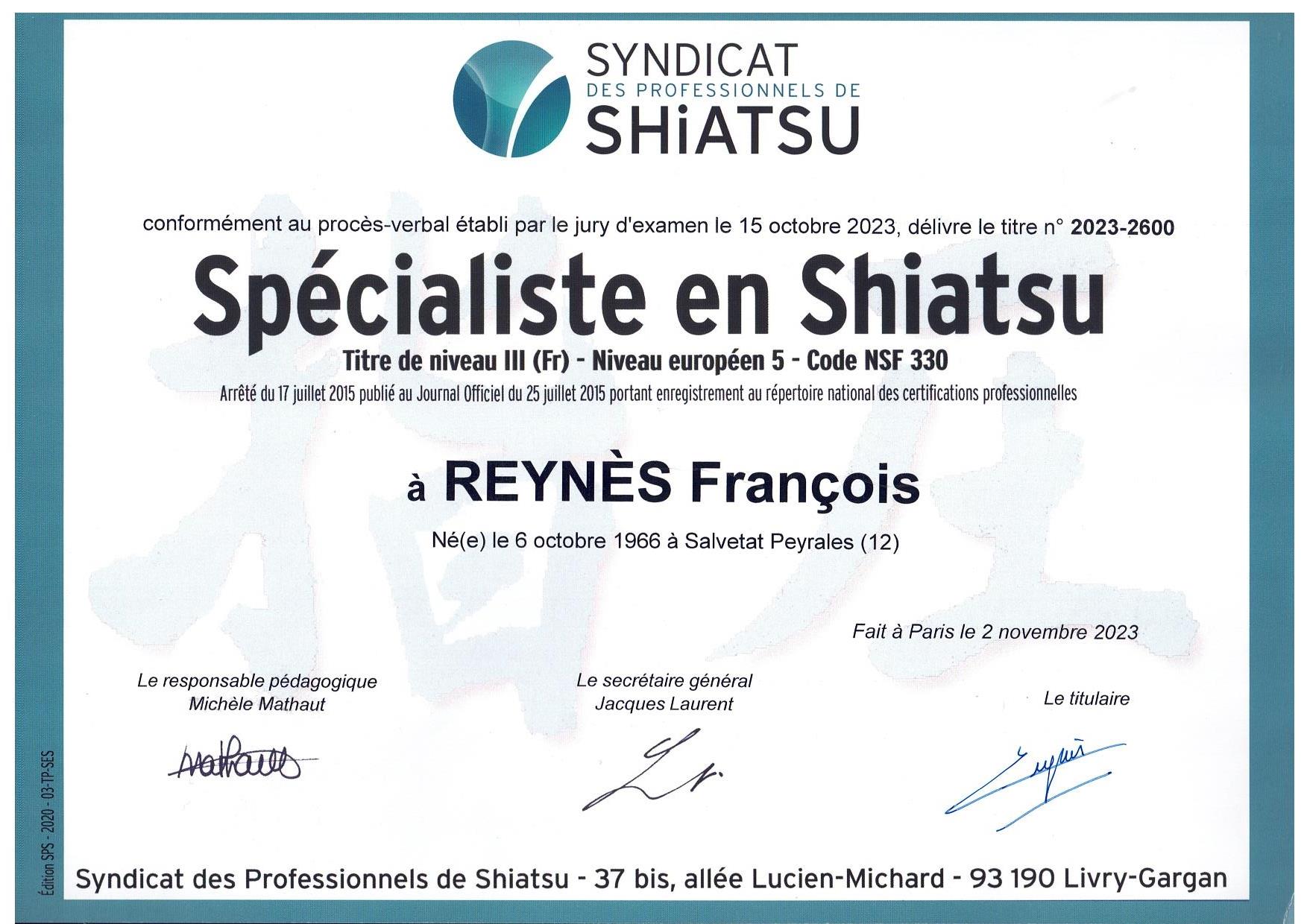 diplôme de spécialiste en shiatsu